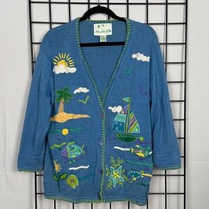 Vintage The Quacker Factory Cardigan Sweater Womens Large Blue Beach Sailing